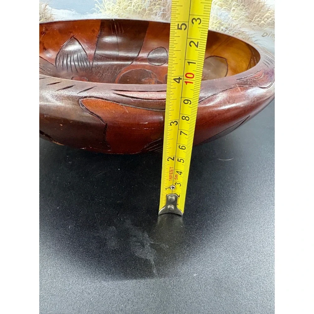 Vintage Hand Carved Floral Wood Bowl 12 Inch Round Rustic Boho Decorative Dish